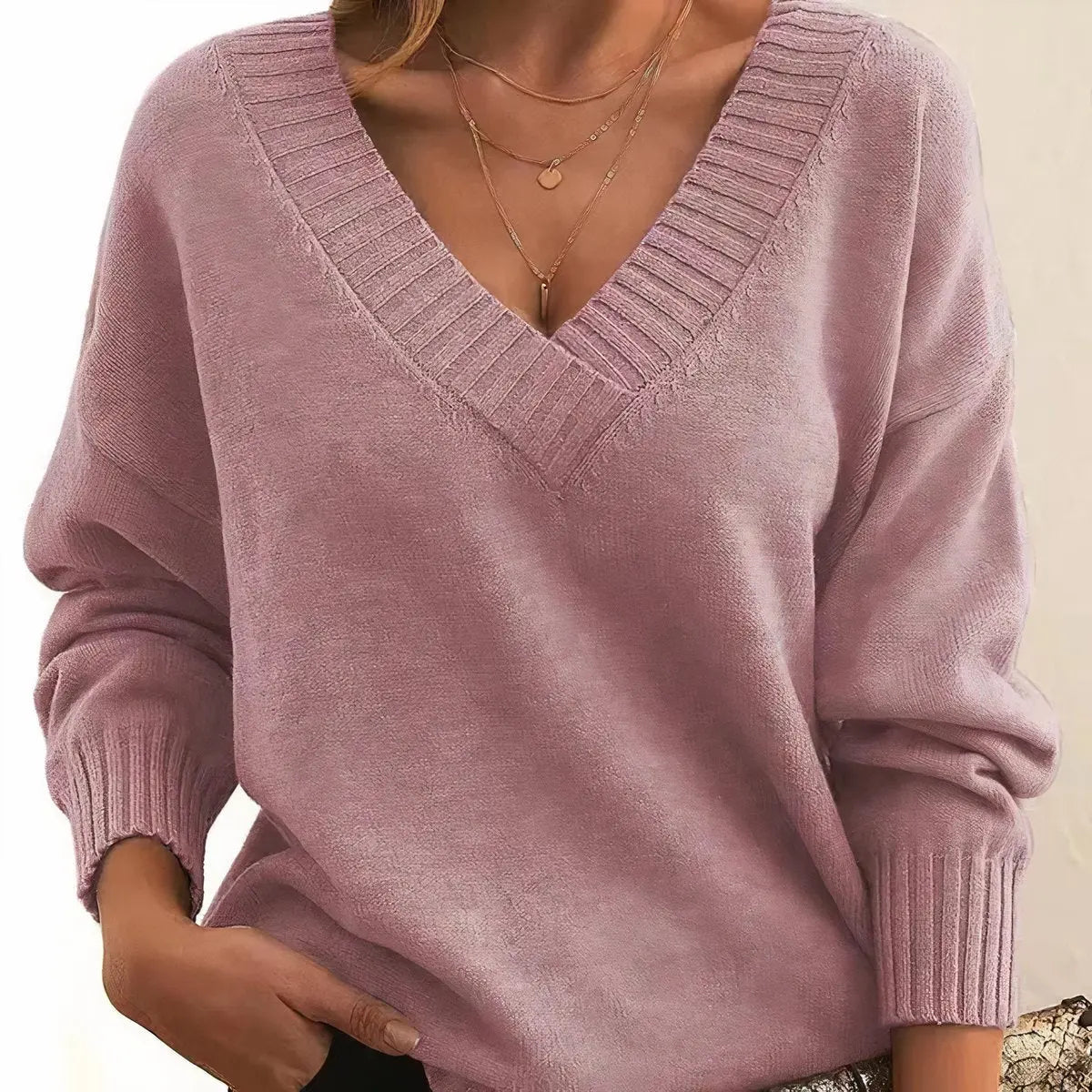 Suéter de punto para mujer con escote en V, mangas largas y cuello redondo