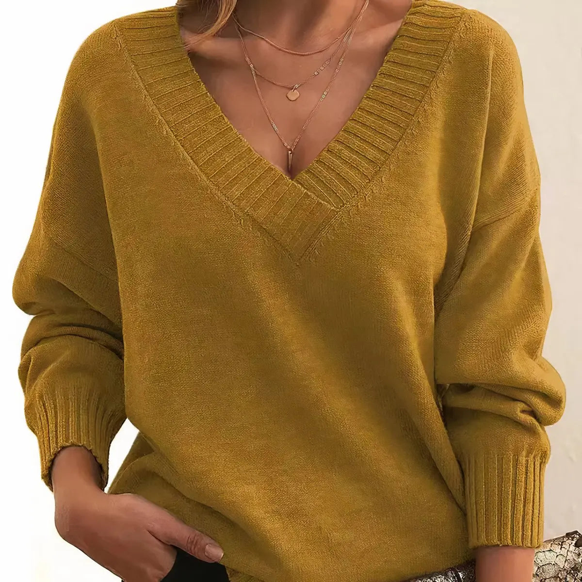 Suéter de punto para mujer con escote en V, mangas largas y cuello redondo