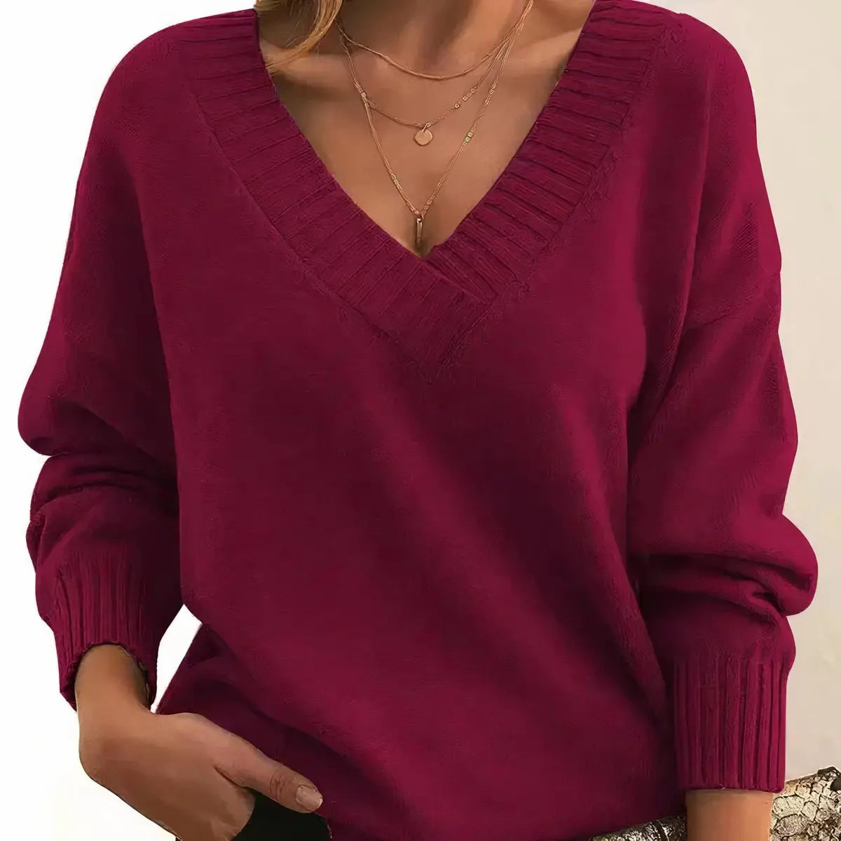 Suéter de punto para mujer con escote en V, mangas largas y cuello redondo