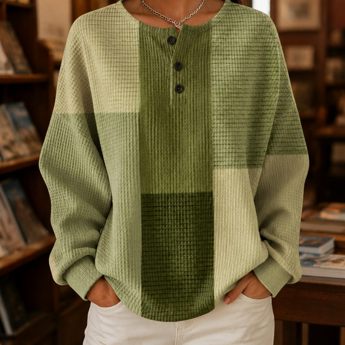 Jersey de punto gofrado para mujer, con bloques de color, cuello Henley y corte relajado