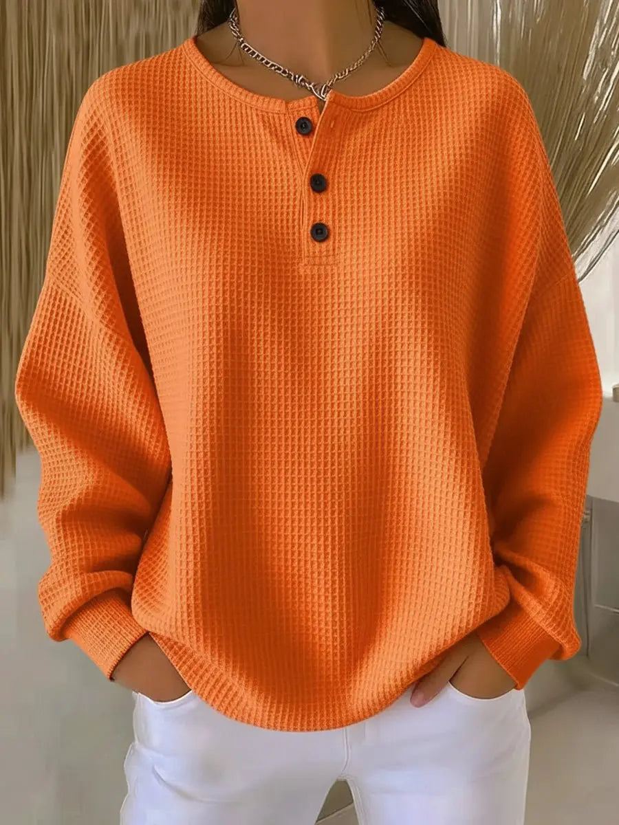 Jersey de punto gofrado de manga larga para mujer, con cuello Henley y estilo de pulóver
