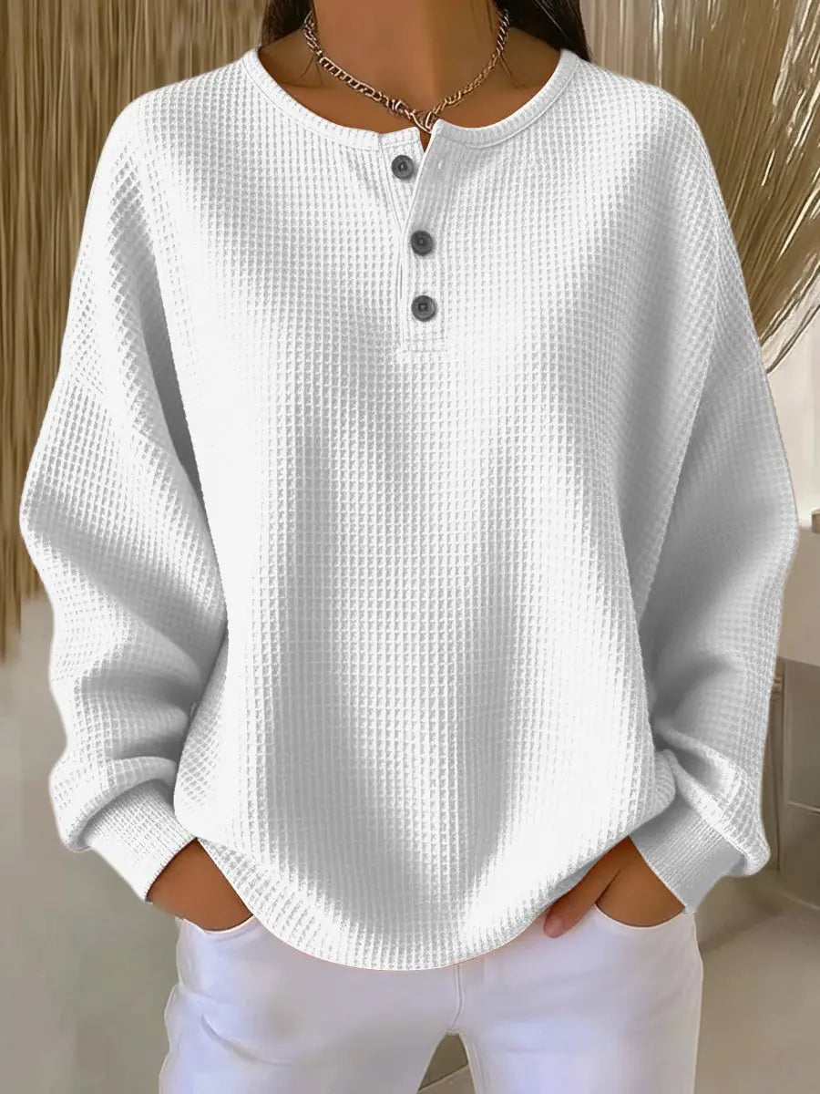 Jersey de punto gofrado de manga larga para mujer, con cuello Henley y estilo de pulóver