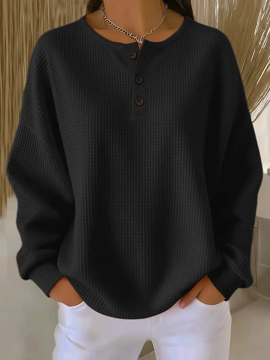 Jersey de punto gofrado de manga larga para mujer, con cuello Henley y estilo de pulóver