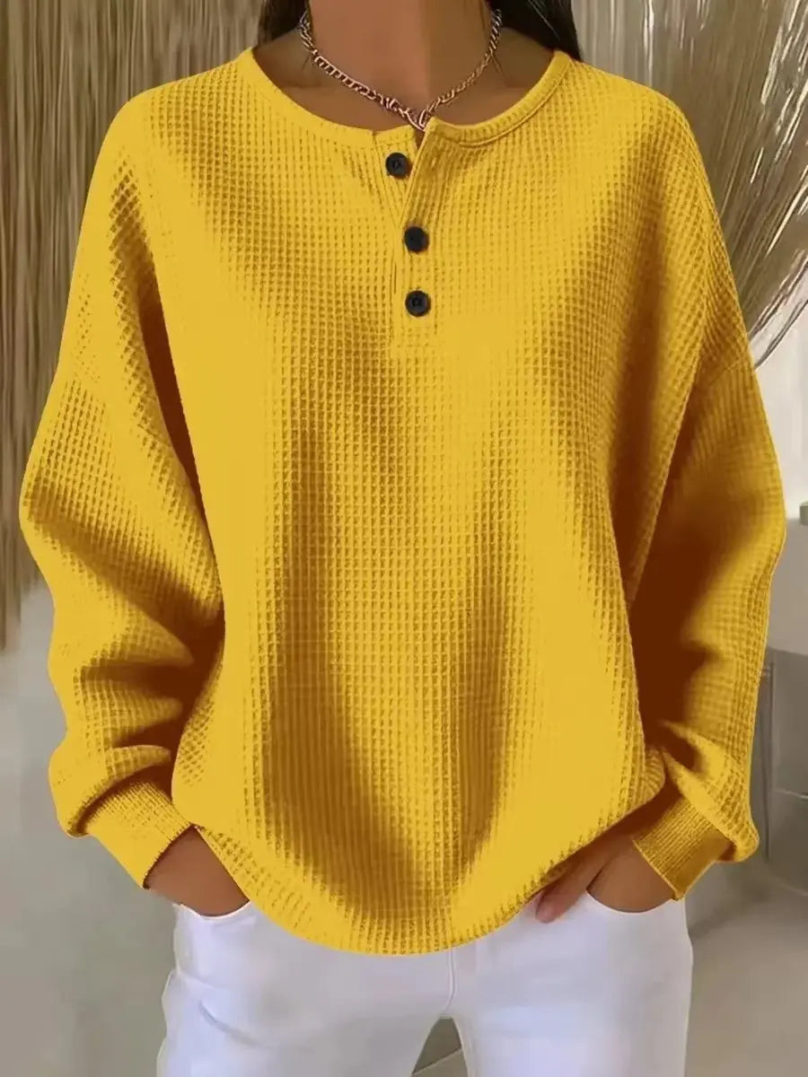 Jersey de punto gofrado de manga larga para mujer, con cuello Henley y estilo de pulóver