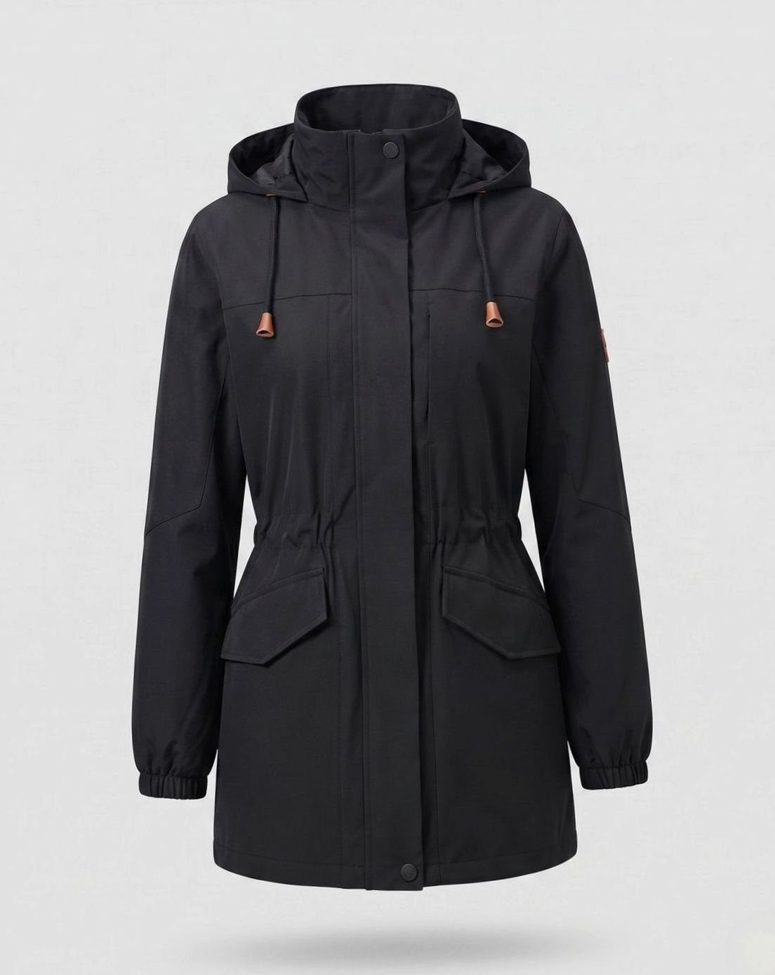 Parka larga impermeable con capucha para mujer, con cintura ajustable mediante cordón