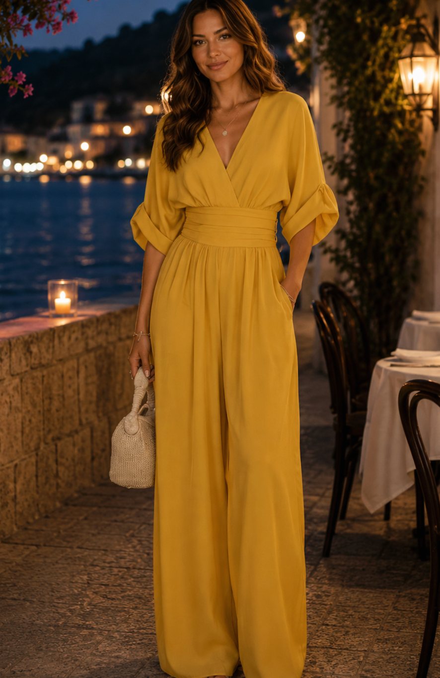 Mono retro de pernera ancha para mujer, con escote de pico, amarillo mostaza