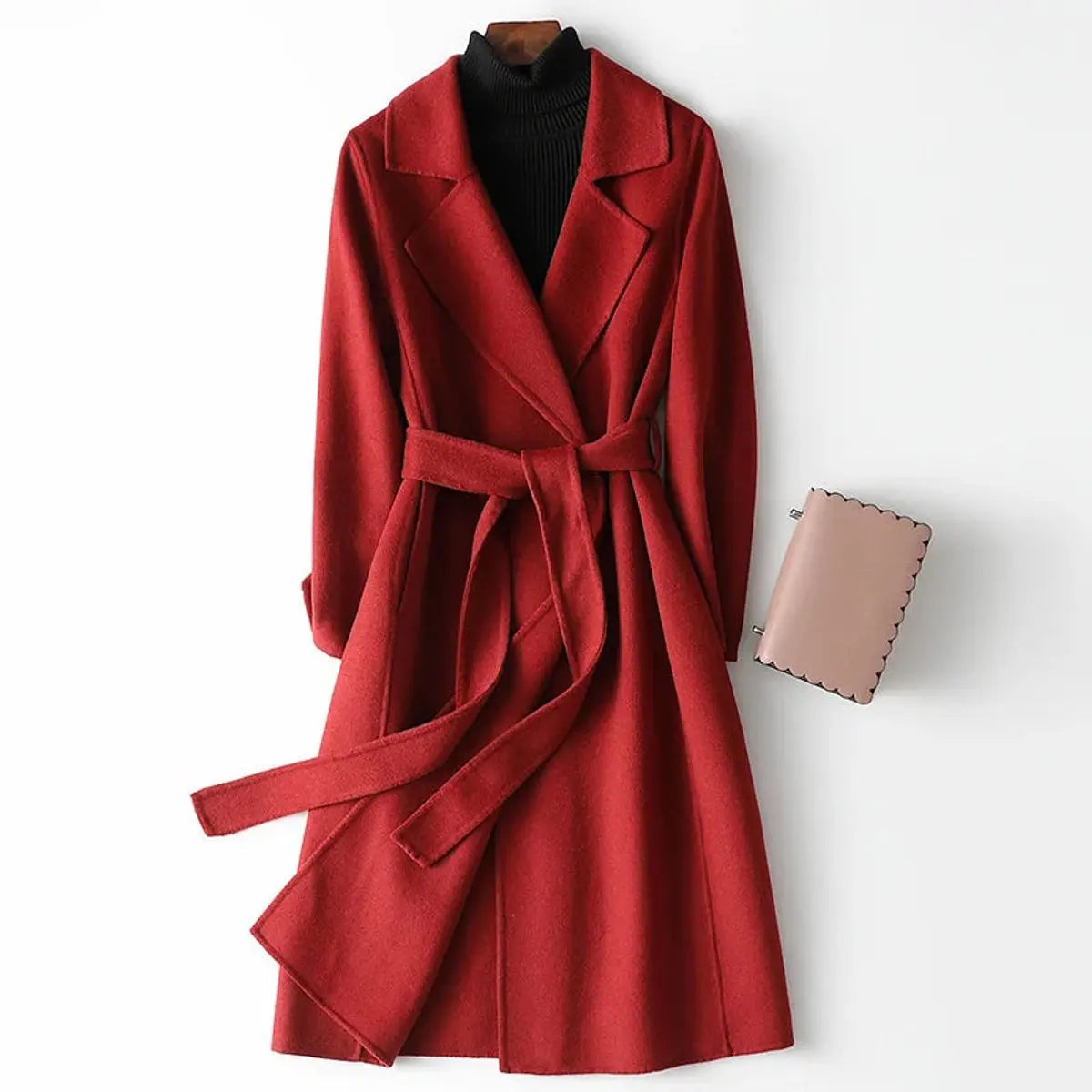 Abrigo largo de invierno para mujer, de línea A, mezcla de lana y con cinturón