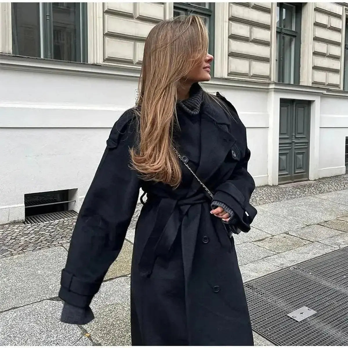 Gabardina larga de invierno para mujer, cruzada, con cinturón y aspecto de lana