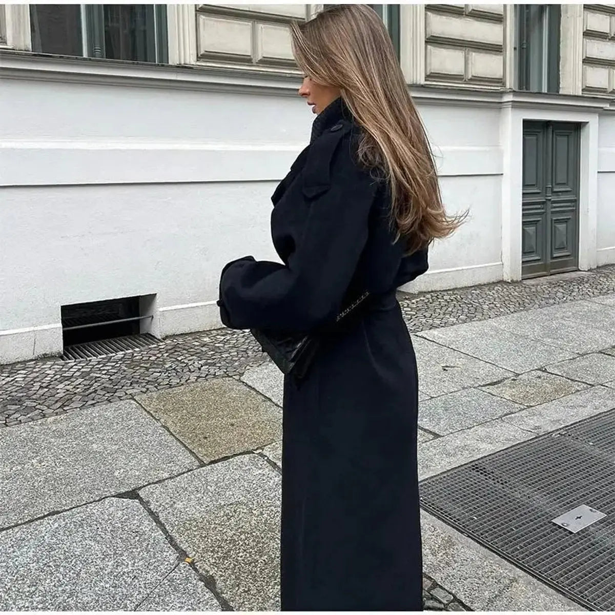 Gabardina larga de invierno para mujer, cruzada, con cinturón y aspecto de lana