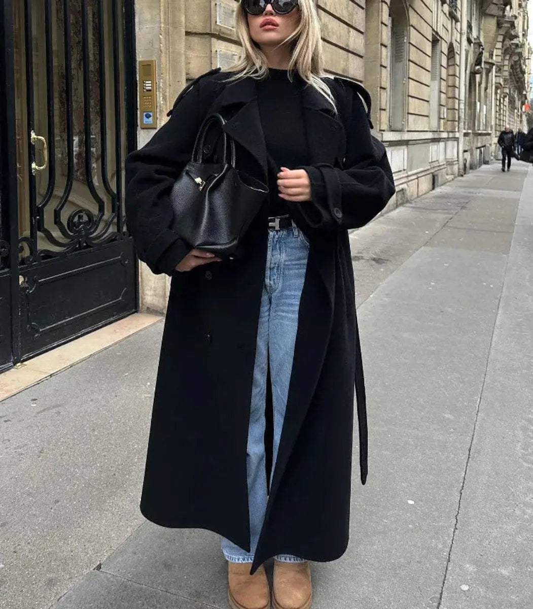 Gabardina larga de invierno para mujer, cruzada, con cinturón y aspecto de lana