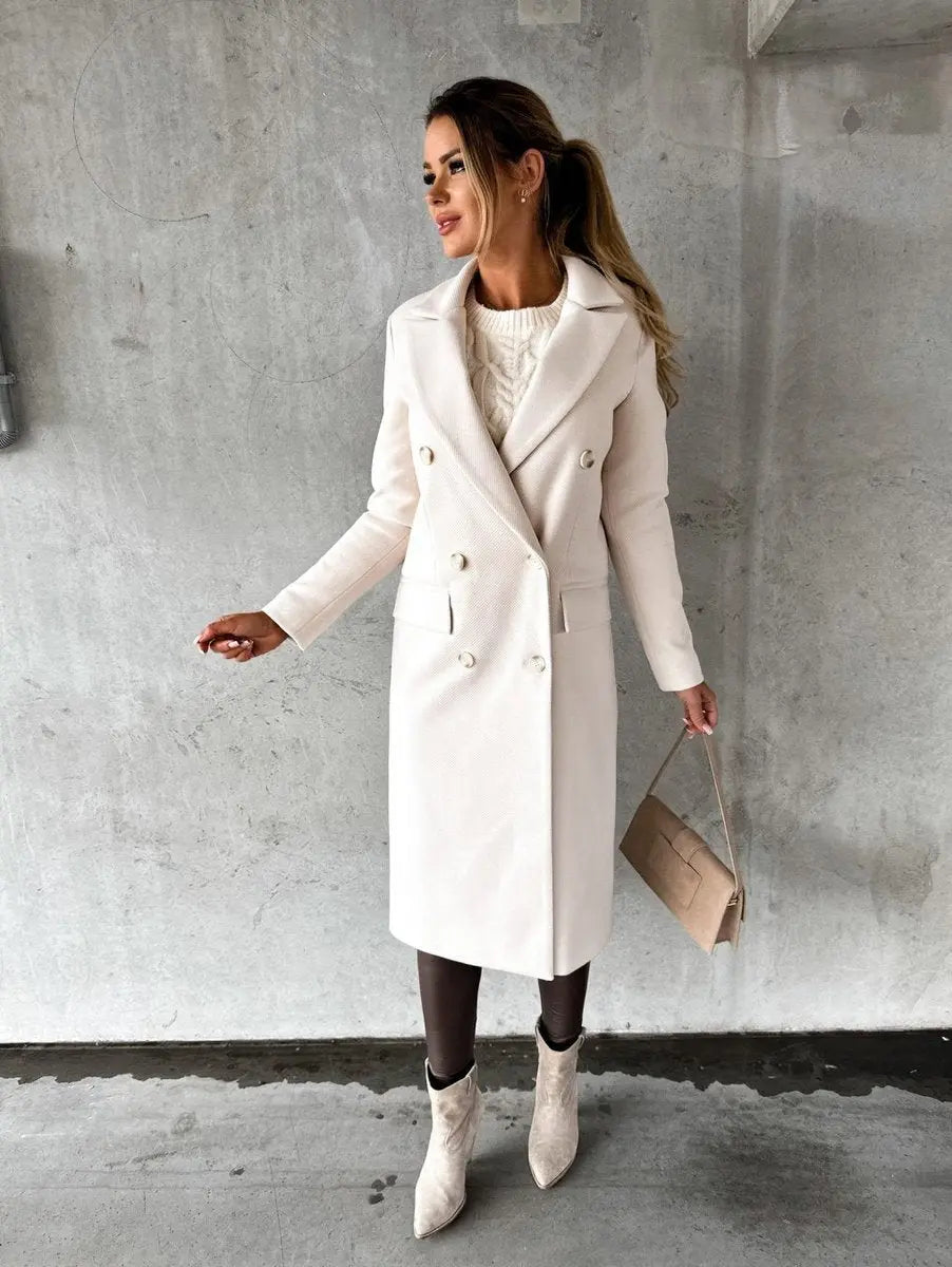 Abrigo largo de invierno para mujer, cruzado y con aspecto de lana