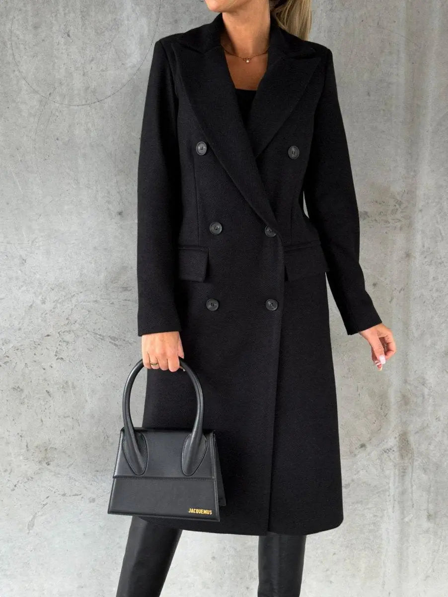 Abrigo largo de invierno para mujer, cruzado y con aspecto de lana