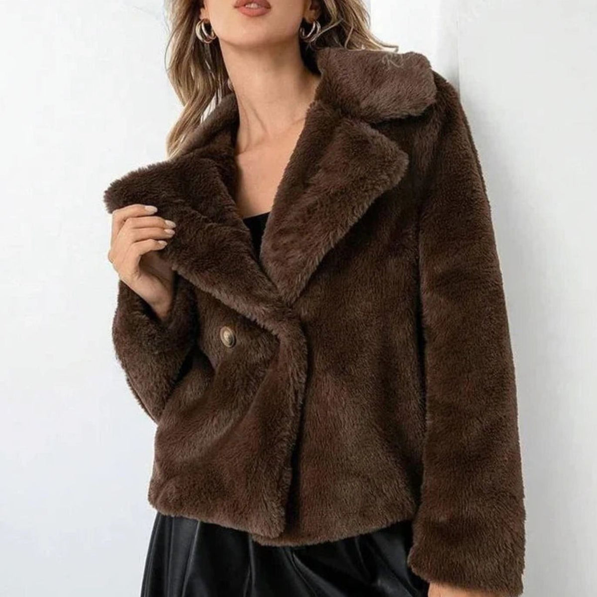 Chaqueta de invierno de piel sintética con cuello de pelo mullido para mujer, cruzada