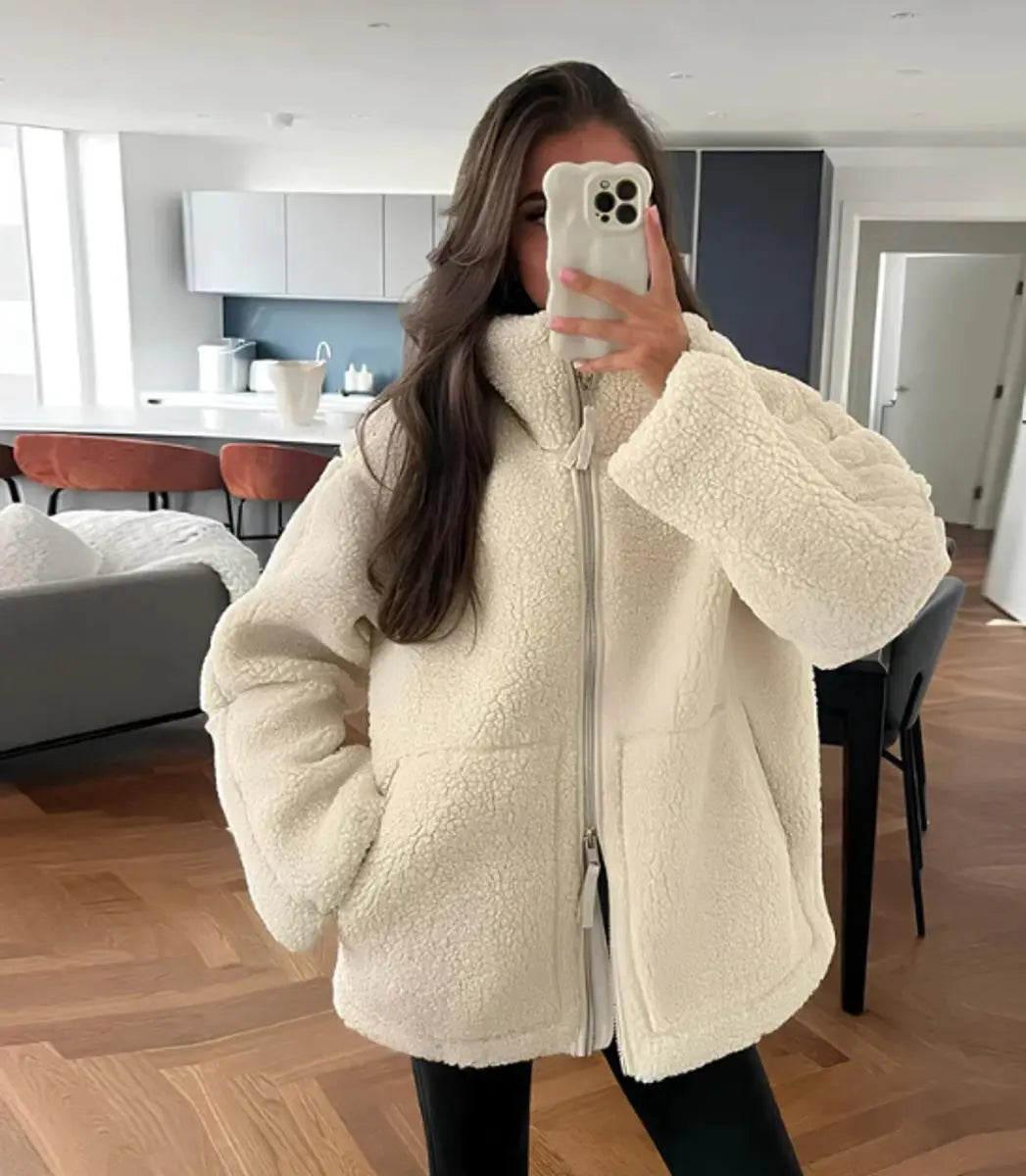 Chaqueta de invierno de forro polar teddy para mujer, de corte relajado y con cremallera