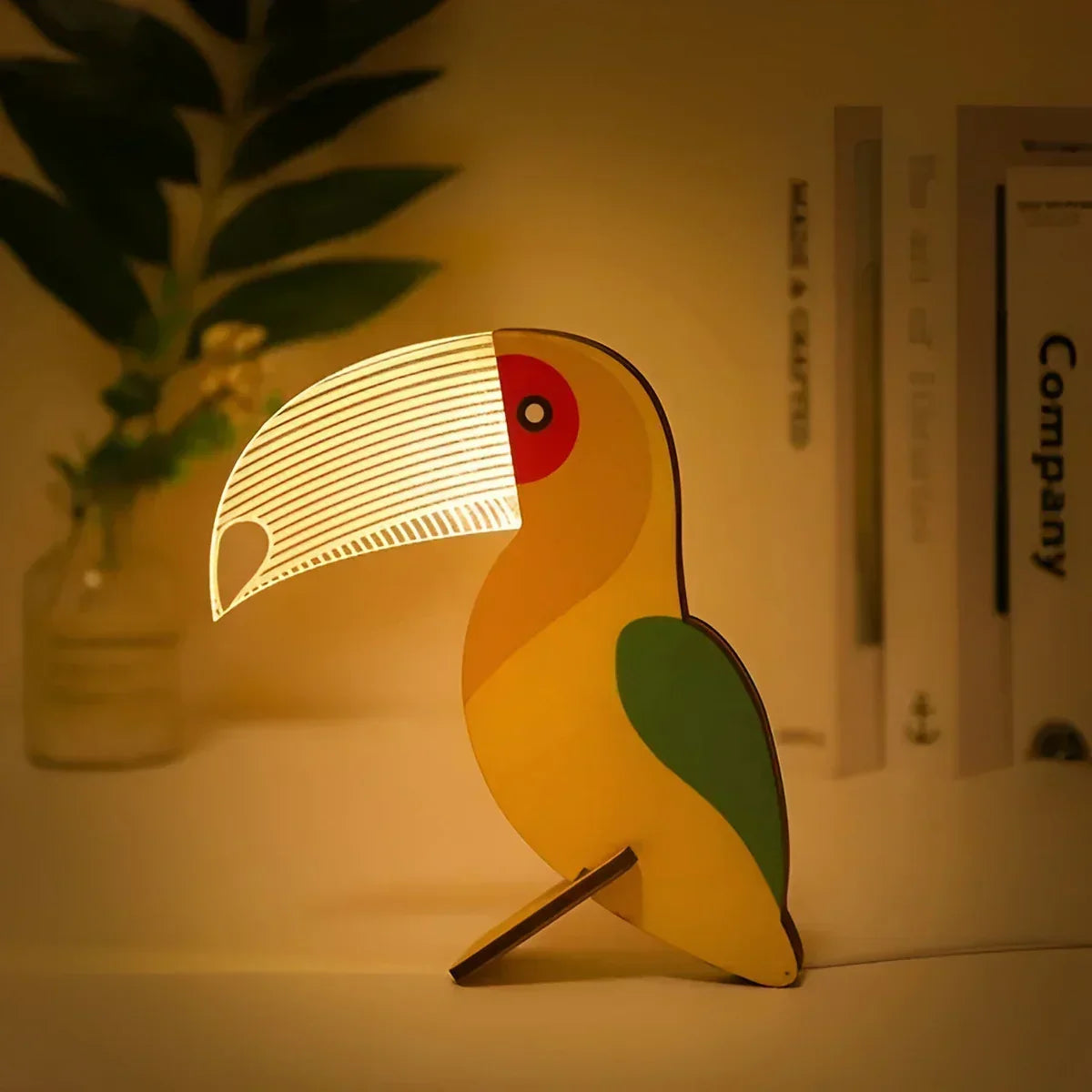 Lámpara de mesa de noche táctil de madera y acrílico con silueta de fauna