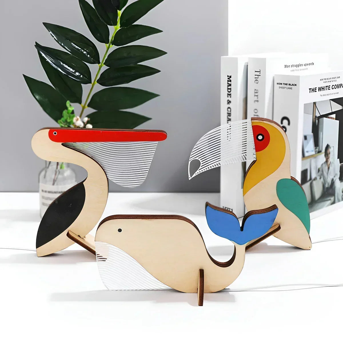 Lámpara de mesa de noche táctil de madera y acrílico con silueta de fauna