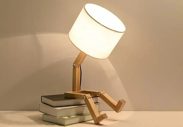 Lámpara de mesa de madera con forma de robot, ajustable y plegable, con soporte para libros
