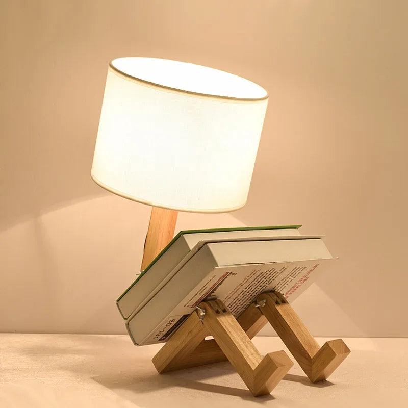 Lámpara de mesa de madera con forma de robot, ajustable y plegable, con soporte para libros