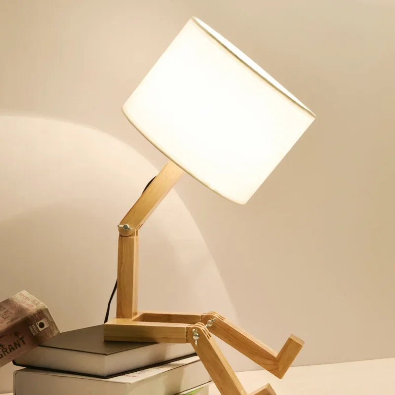 Lámpara de mesa de madera con forma de robot, ajustable y plegable, con soporte para libros