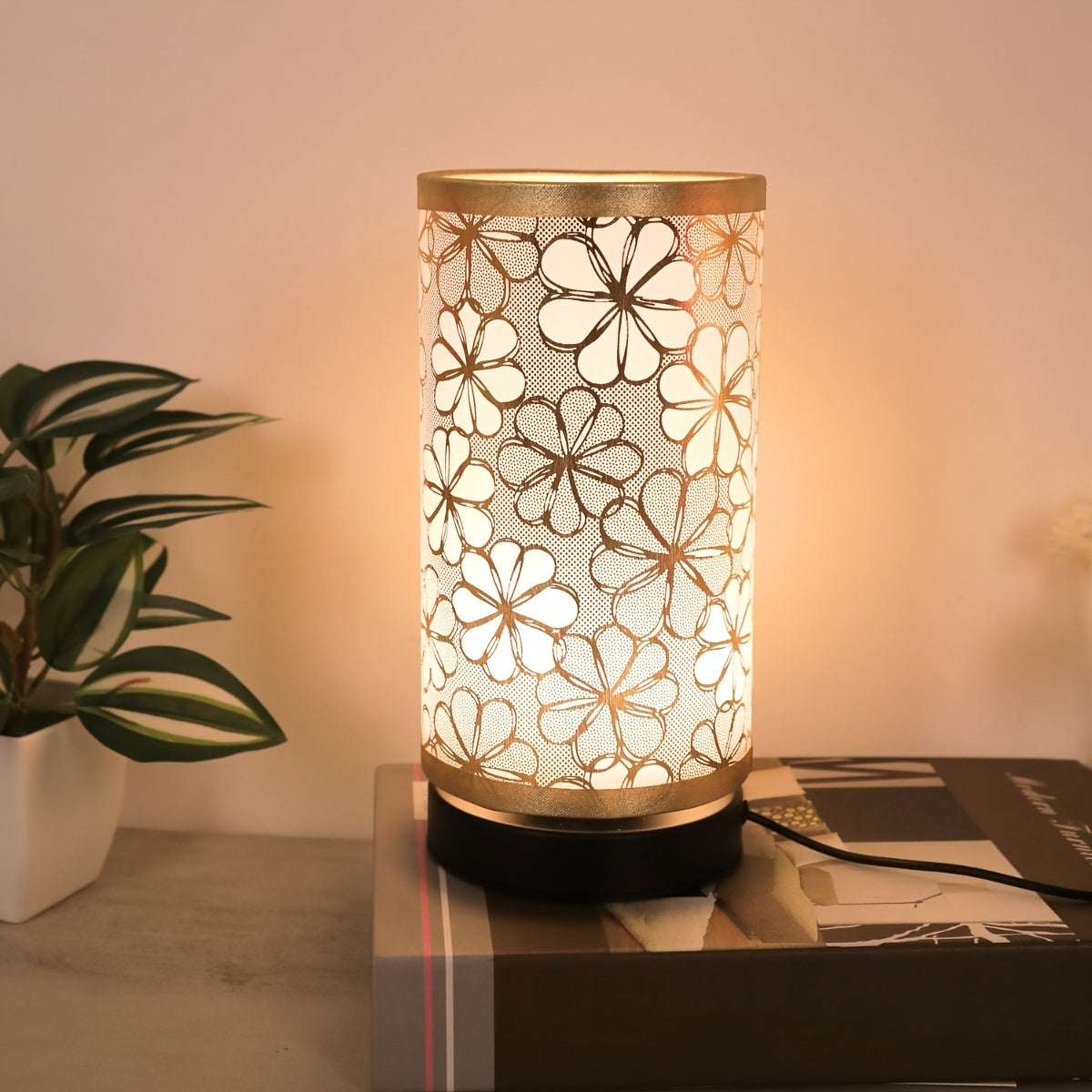 Lámpara de mesa nórdica con pantalla de tela con diseño de girasol y USB