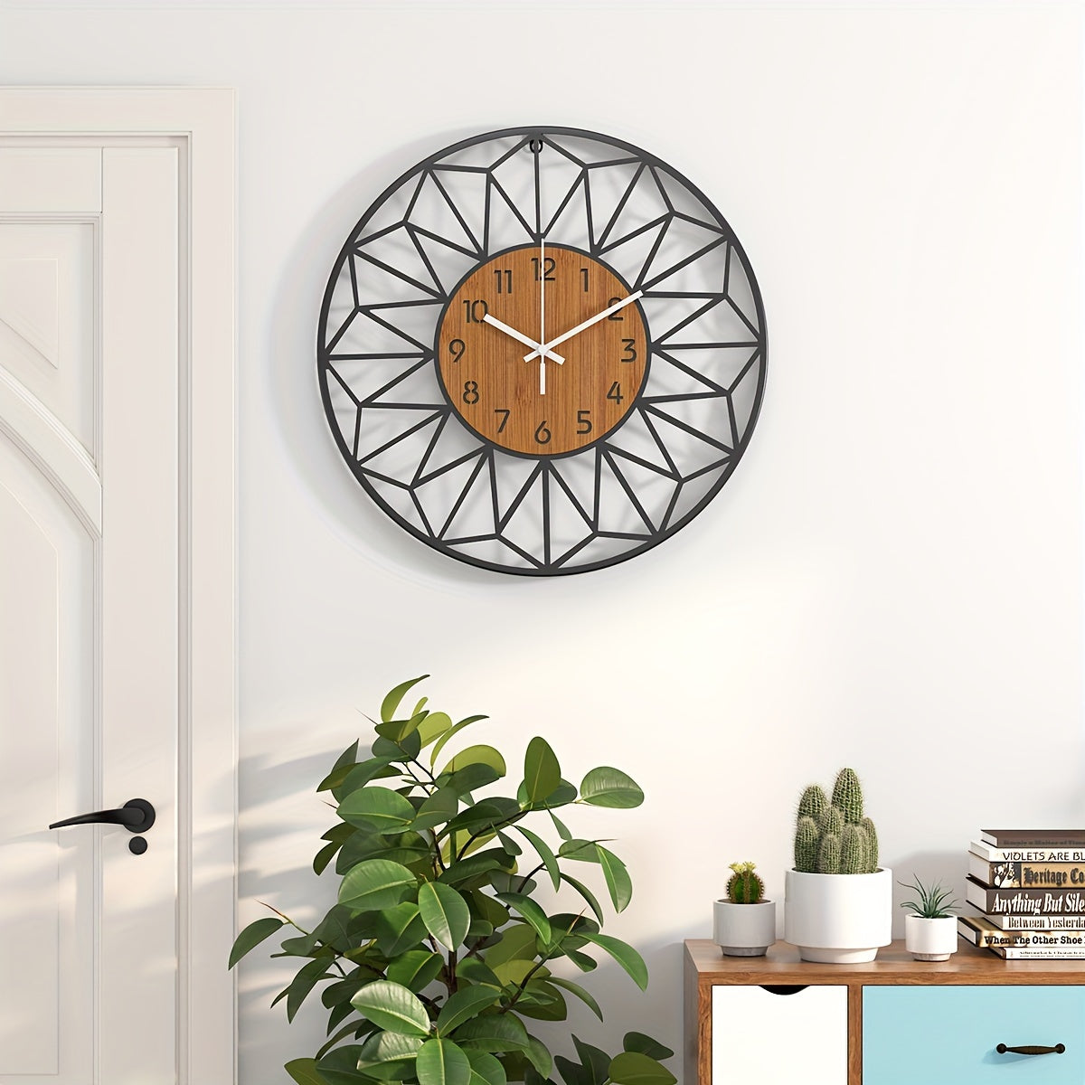 Reloj de pared de cuarzo silencioso redondo con grano de madera industrial
