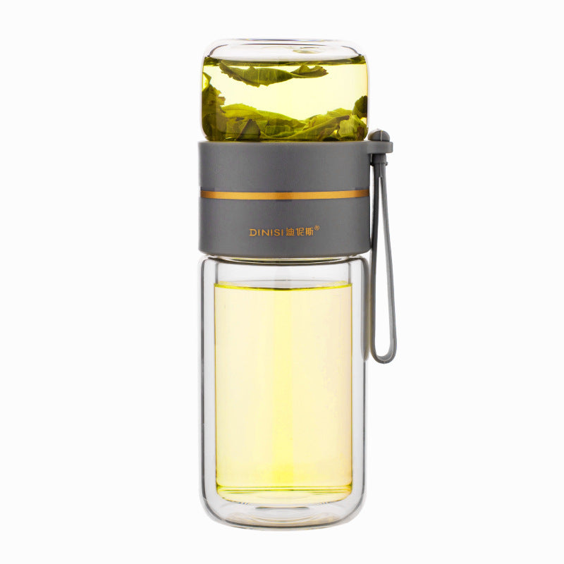 Botella de agua de vidrio de borosilicato de doble pared, a prueba de fugas, con infusor de té