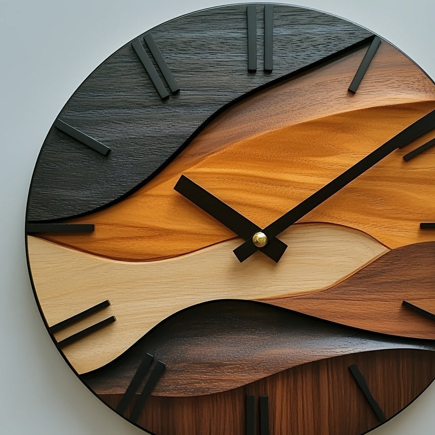 Reloj de pared redondo nórdico silencioso con acabado ondulado de imitación de madera