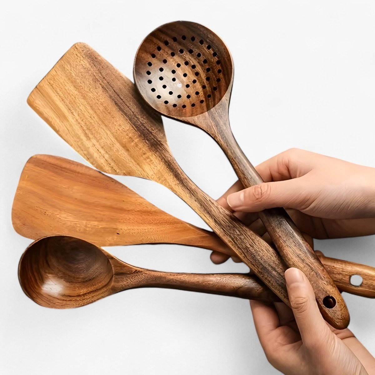 Set de utensilios de cocina de madera natural resistente al calor, aptos para sartenes antiadherentes