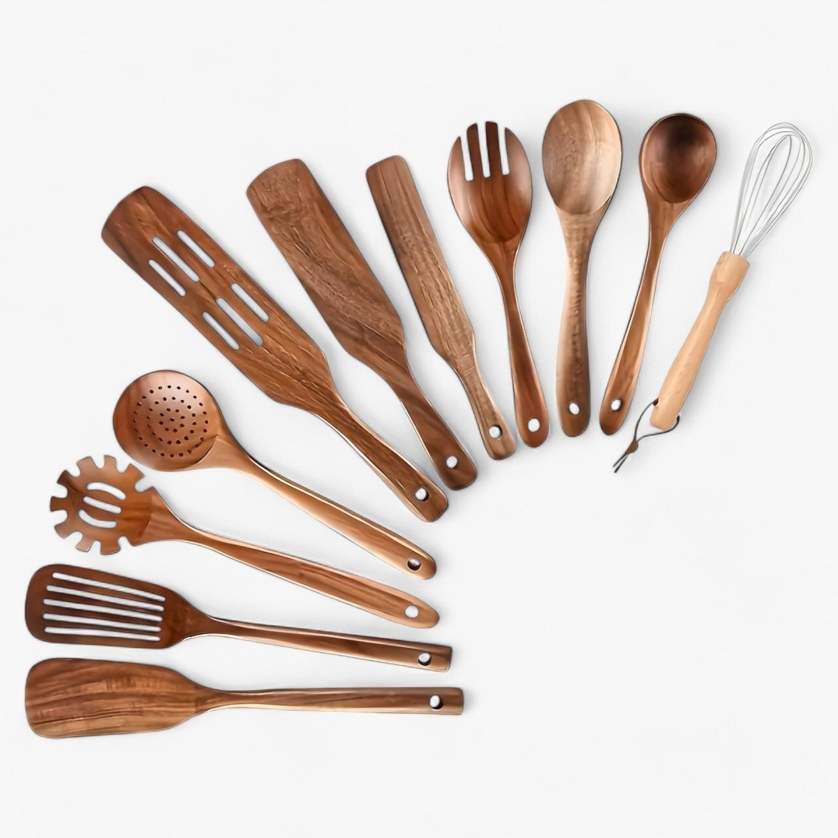 Set de utensilios de cocina de madera natural resistente al calor, aptos para sartenes antiadherentes