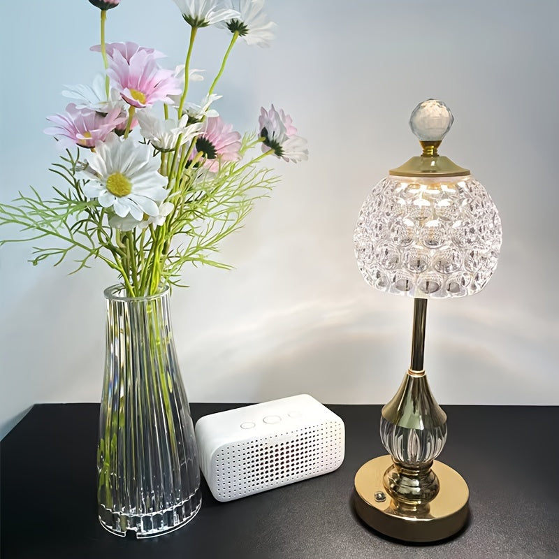 Lámpara de mesa inalámbrica recargable con pantalla de cristal esculpido y regulación táctil