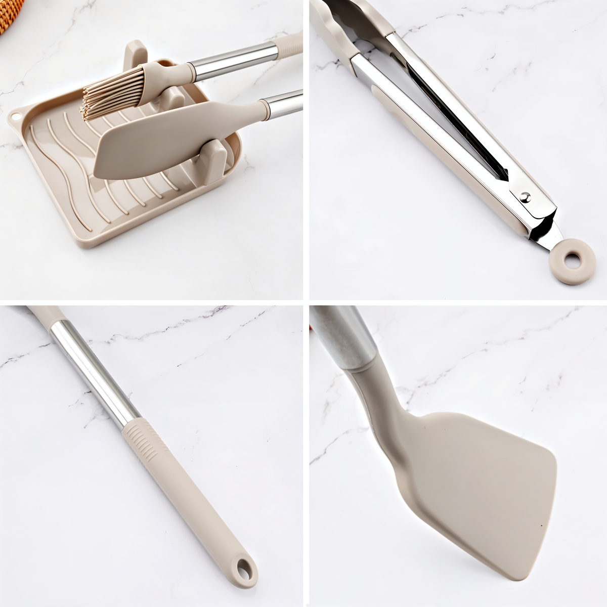 Set de utensilios de cocina con mango de acero inoxidable y silicona resistente al calor