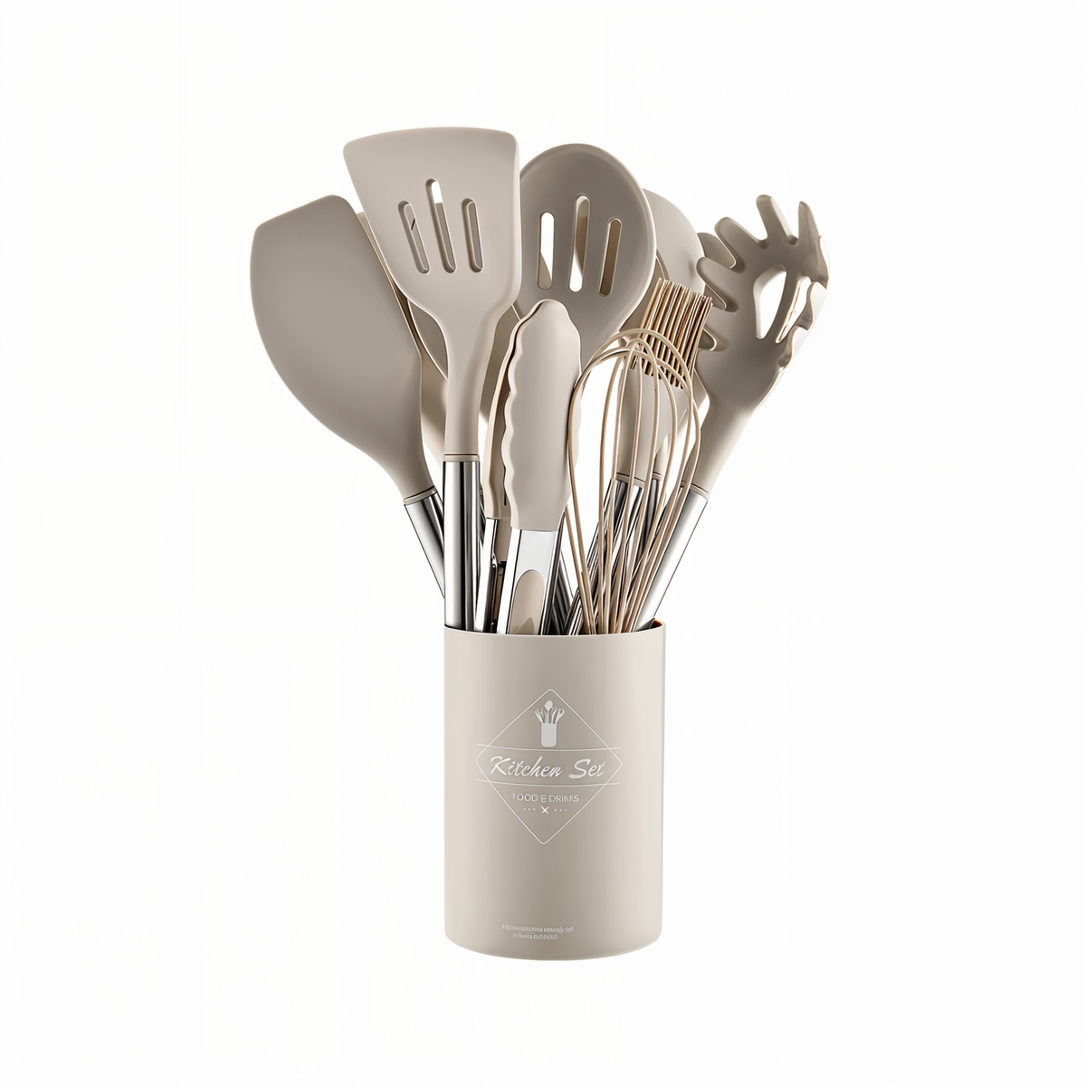 Set de utensilios de cocina con mango de acero inoxidable y silicona resistente al calor