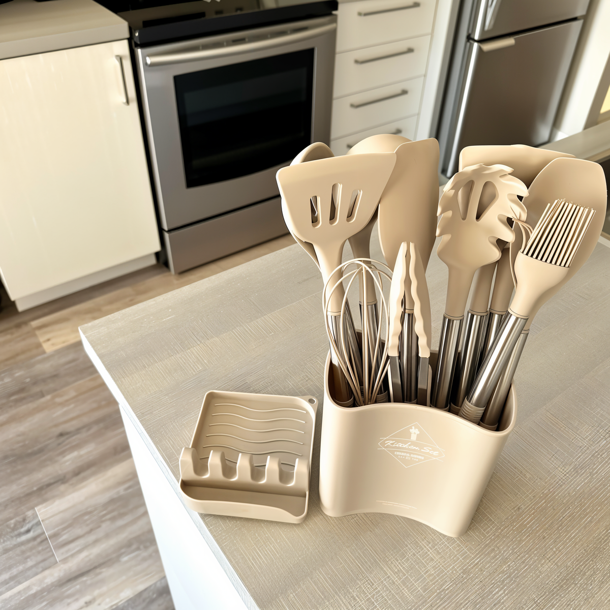 Set de utensilios de cocina con mango de acero inoxidable y silicona resistente al calor