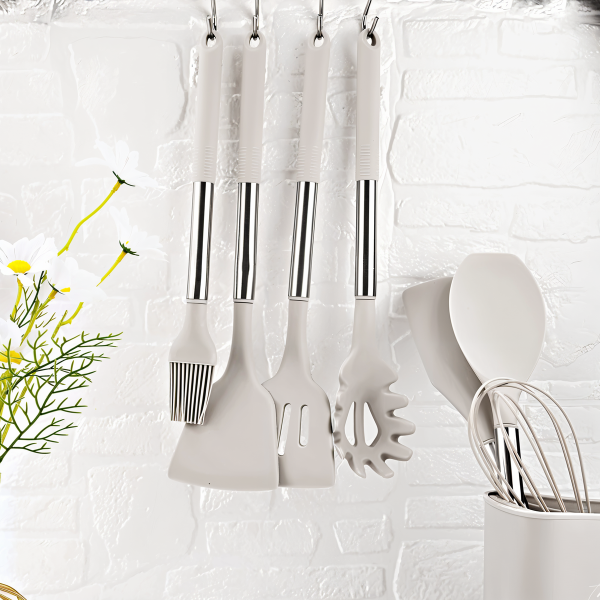 Set de utensilios de cocina con mango de acero inoxidable y silicona resistente al calor
