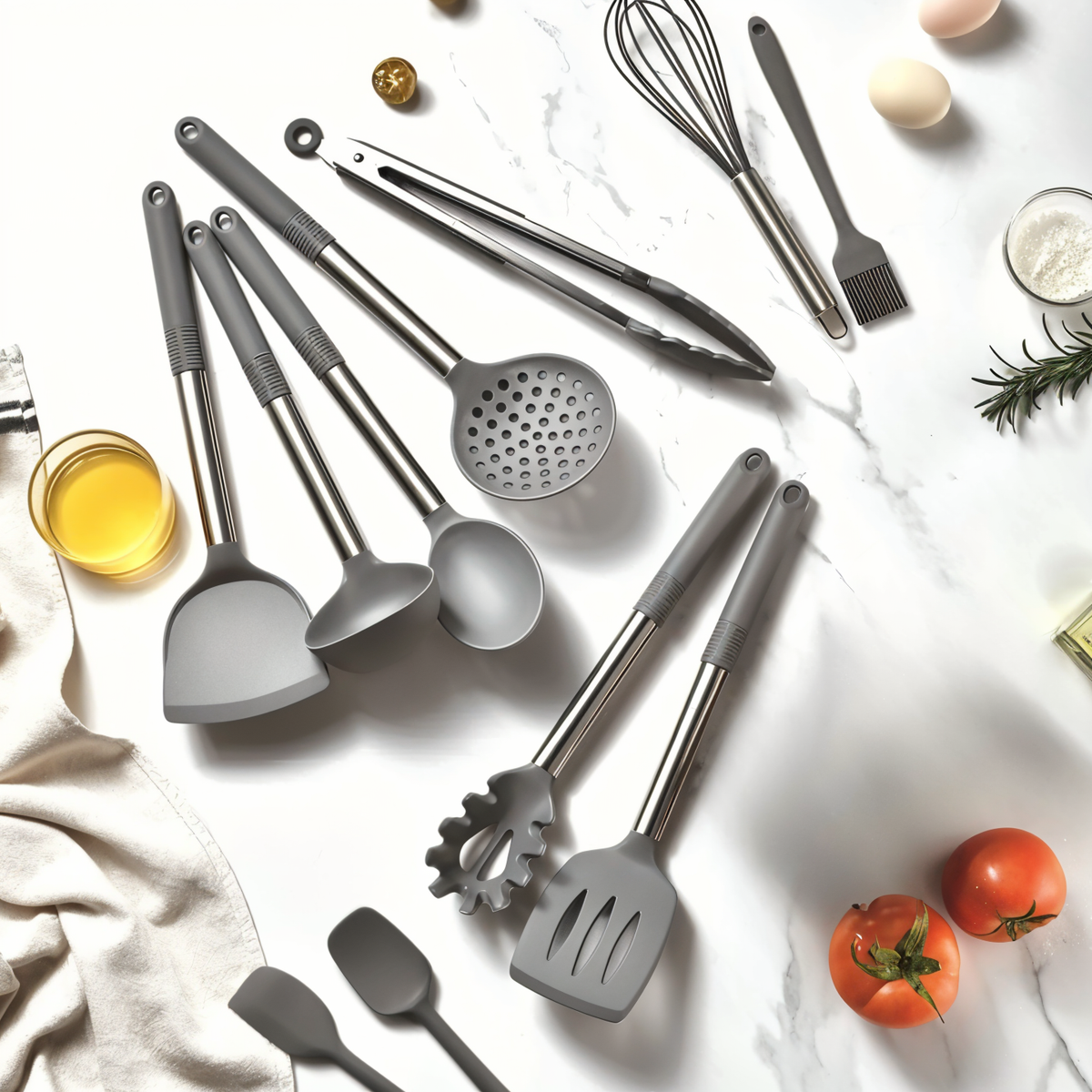 Set de utensilios de cocina con mango de acero inoxidable y silicona resistente al calor