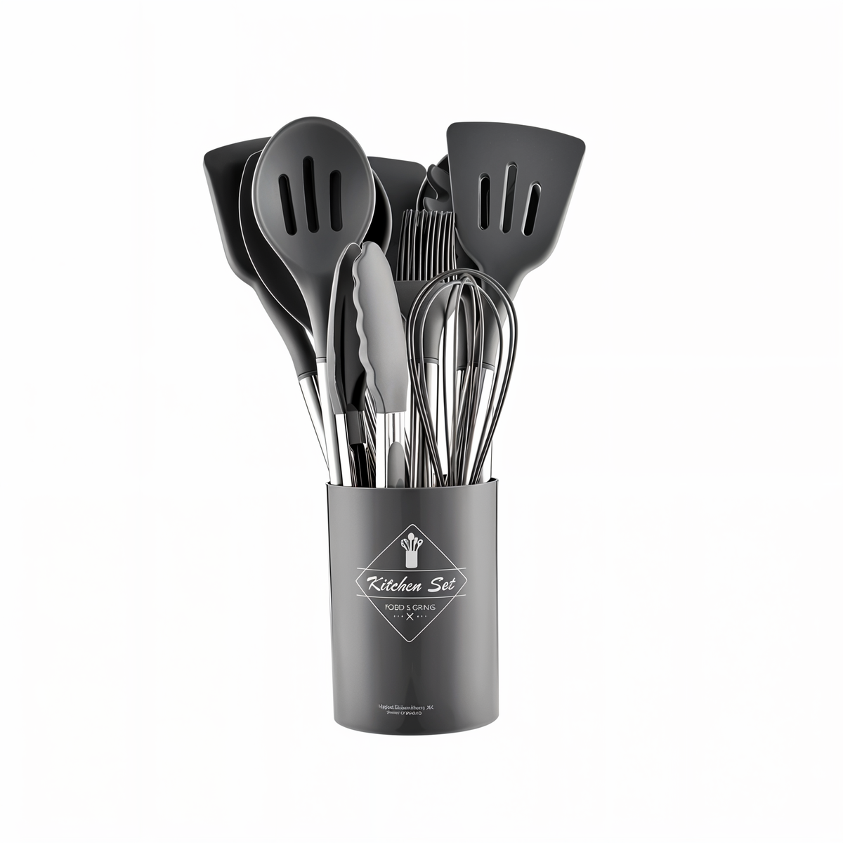 Set de utensilios de cocina con mango de acero inoxidable y silicona resistente al calor
