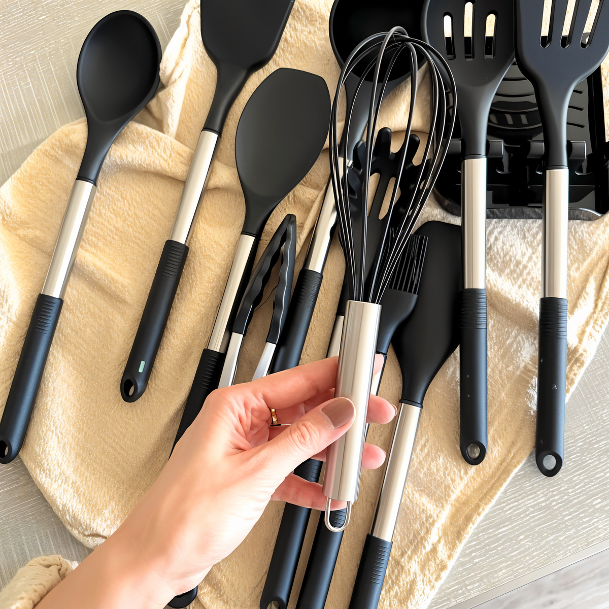 Set de utensilios de cocina con mango de acero inoxidable y silicona resistente al calor