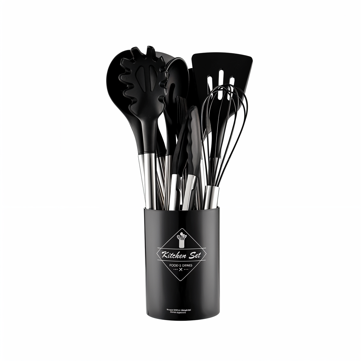 Set de utensilios de cocina con mango de acero inoxidable y silicona resistente al calor