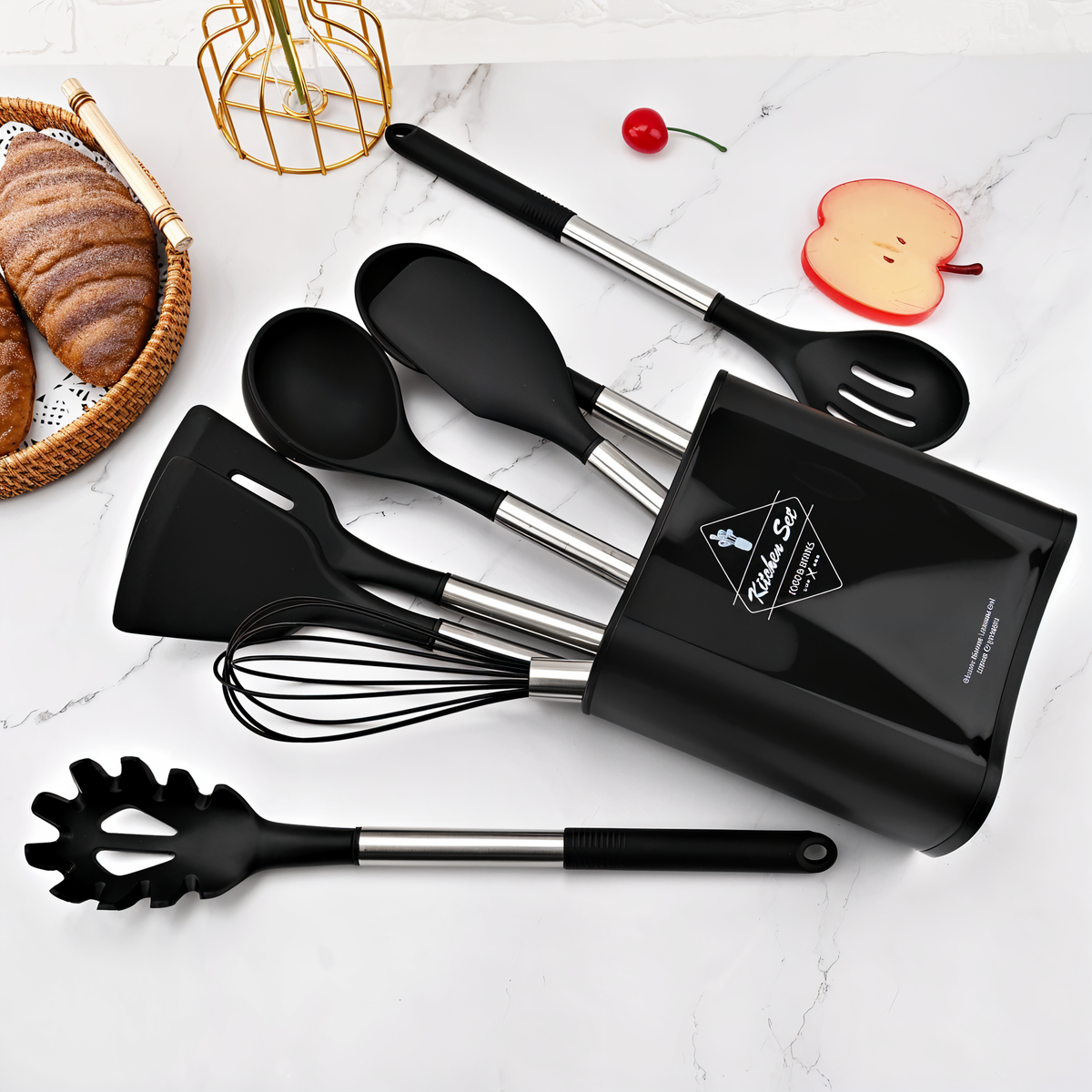 Set de utensilios de cocina con mango de acero inoxidable y silicona resistente al calor