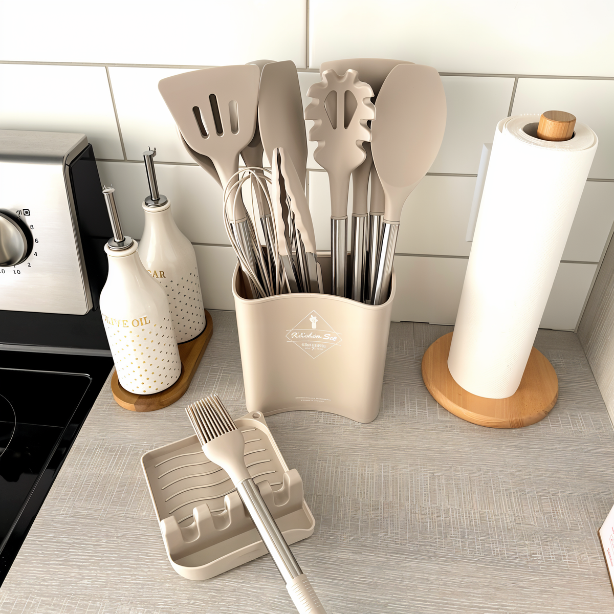 Set de utensilios de cocina con mango de acero inoxidable y silicona resistente al calor