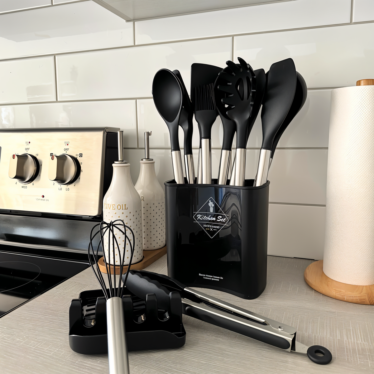 Set de utensilios de cocina con mango de acero inoxidable y silicona resistente al calor
