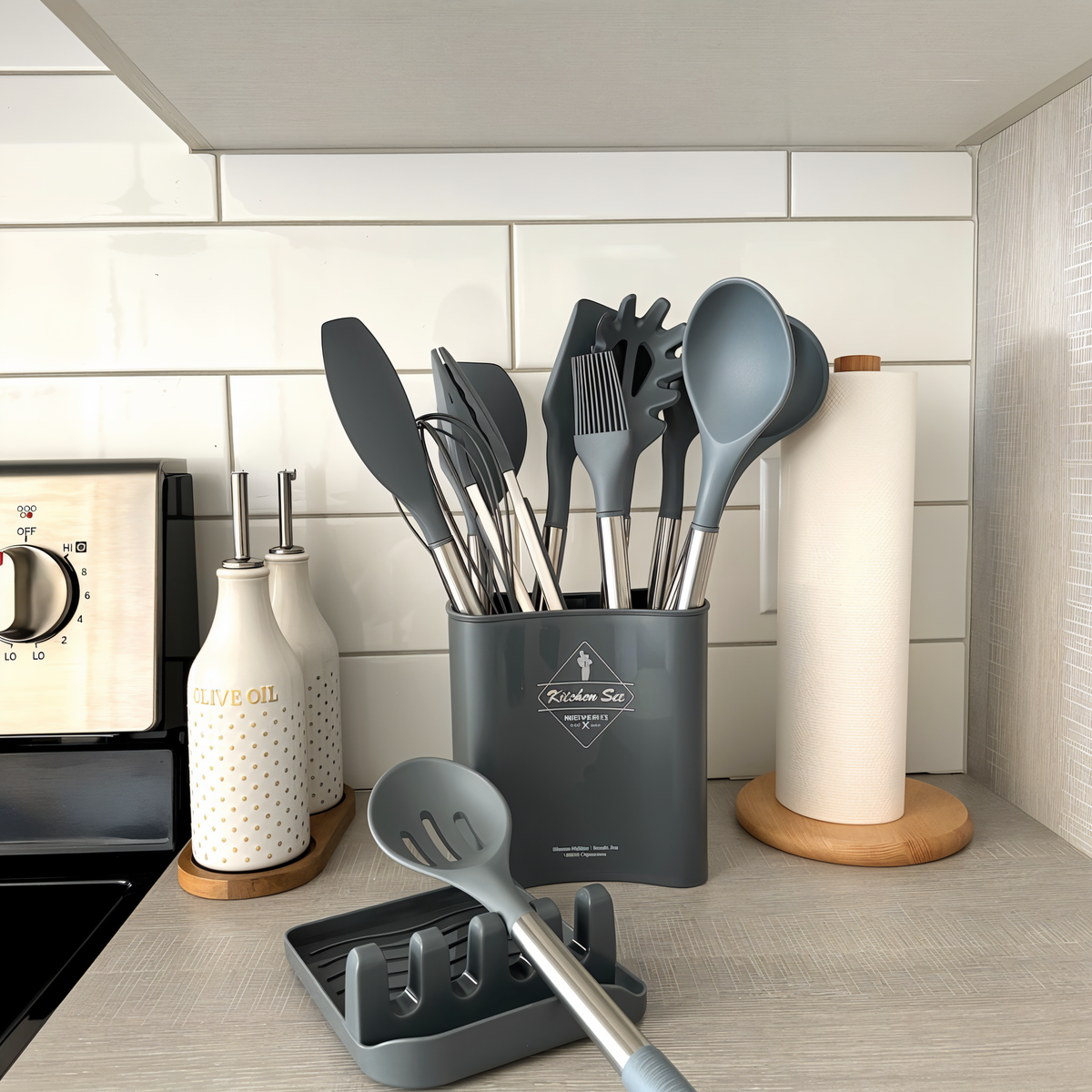 Set de utensilios de cocina con mango de acero inoxidable y silicona resistente al calor