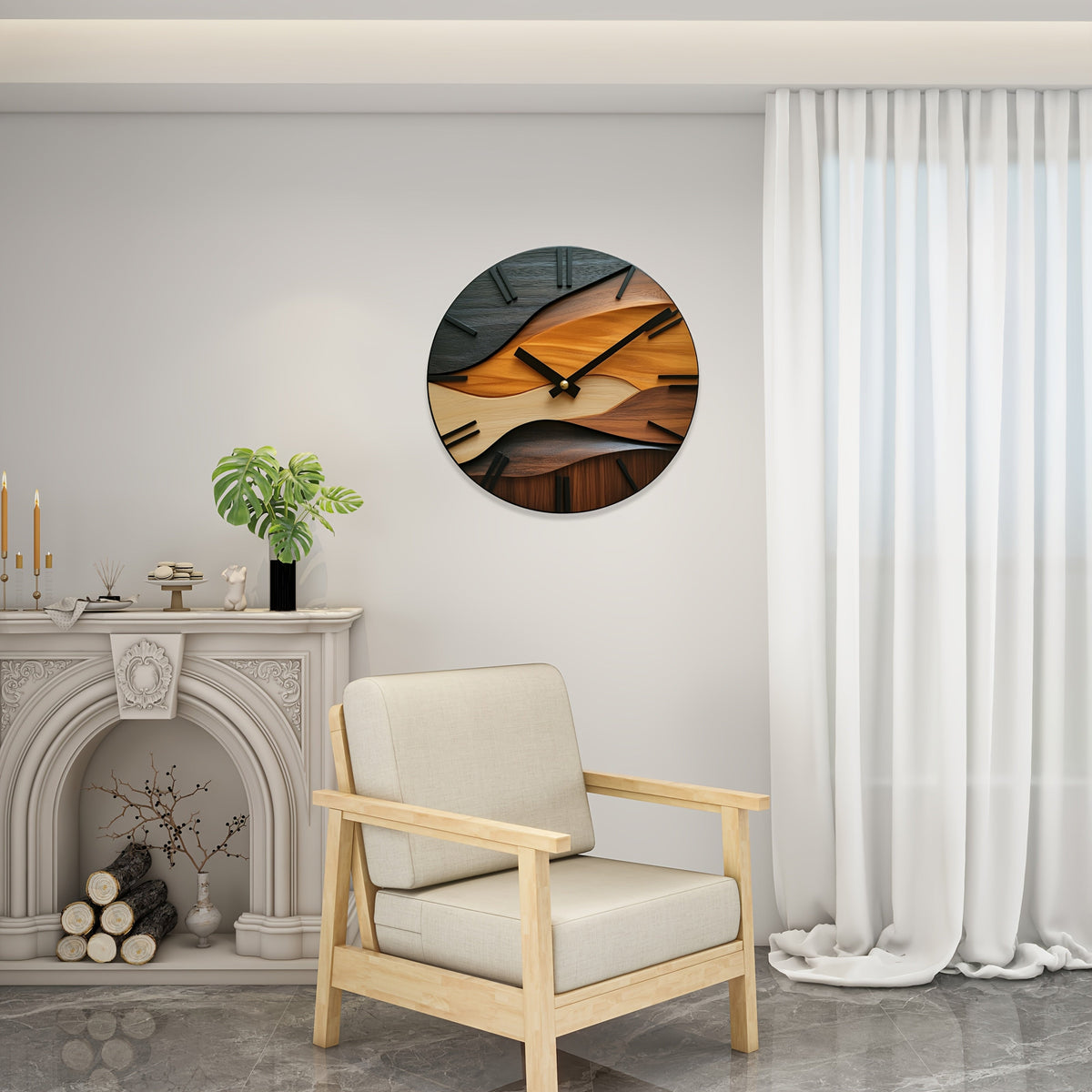 Reloj de pared redondo nórdico silencioso con acabado ondulado de imitación de madera