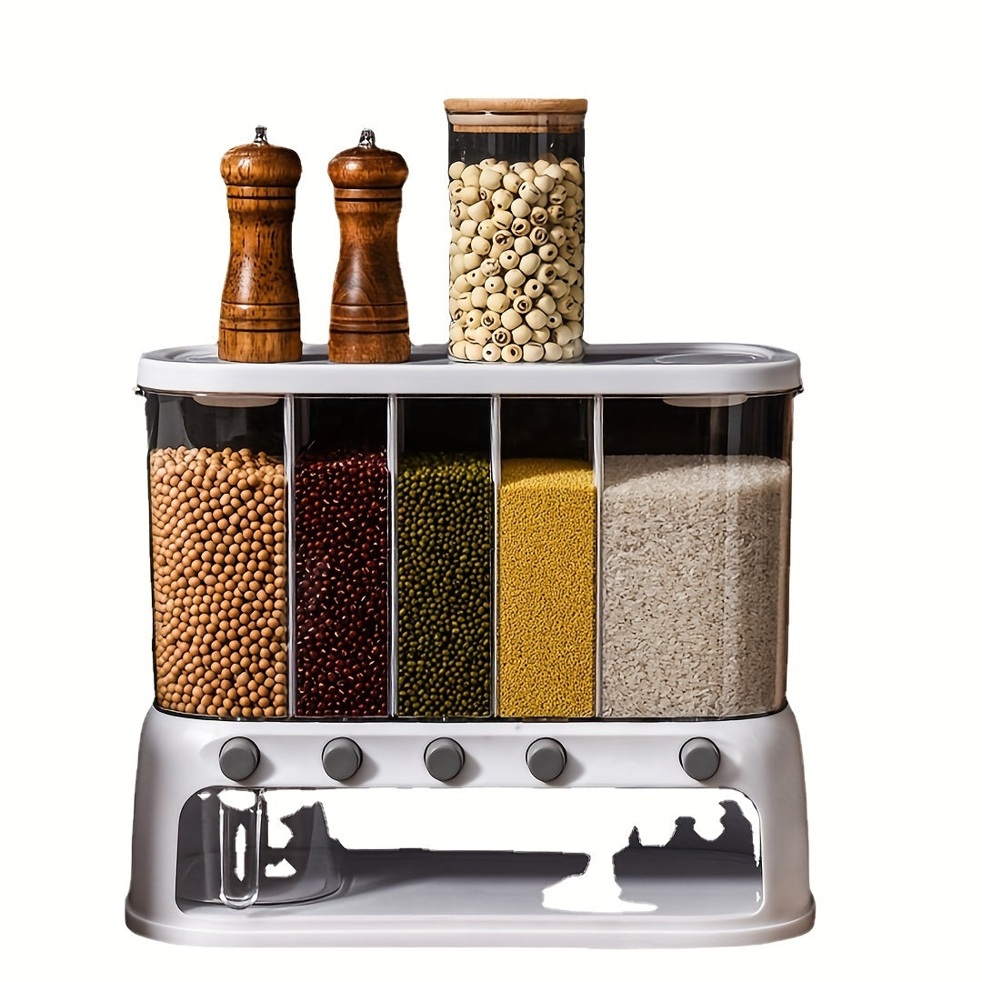 Recipiente transparente hermético para almacenar cereales en la despensa, con compartimentos y tapa abatible