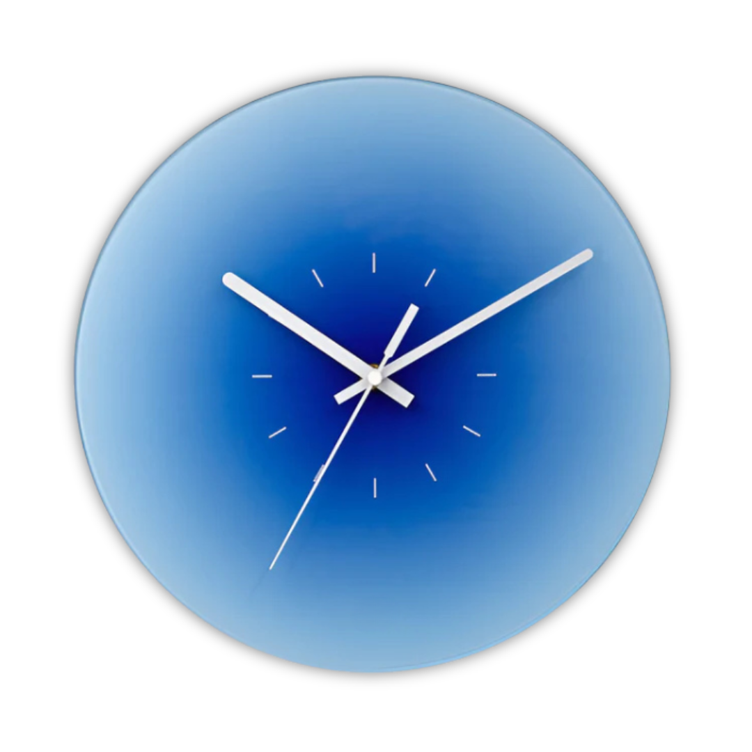 Reloj de pared redondo de vidrio con degradado de atardecer y movimiento de cuarzo silencioso