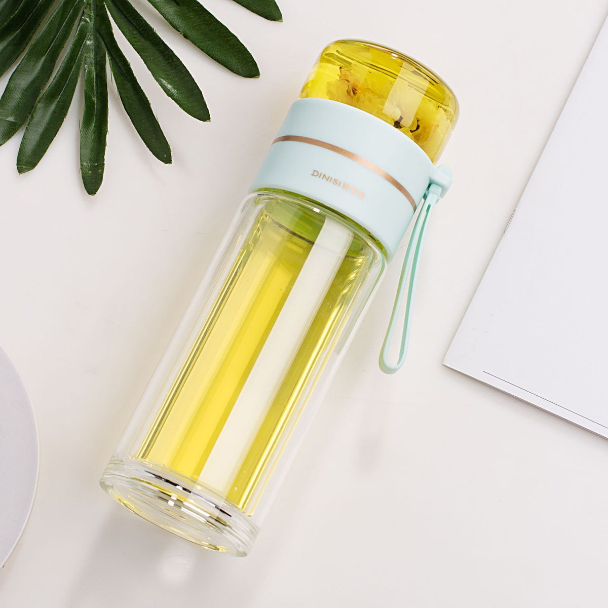 Botella de agua de vidrio de borosilicato de doble pared, a prueba de fugas, con infusor de té