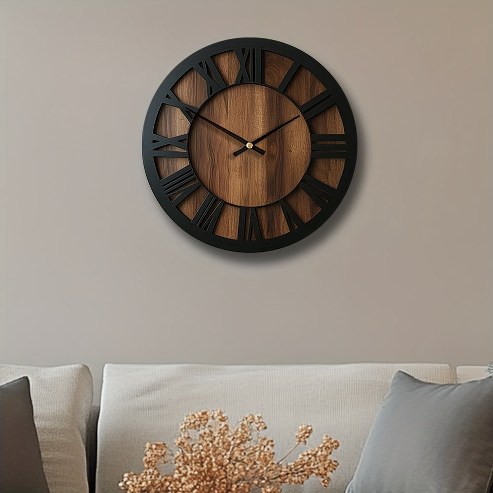 Reloj de pared silencioso de madera rústica con números romanos
