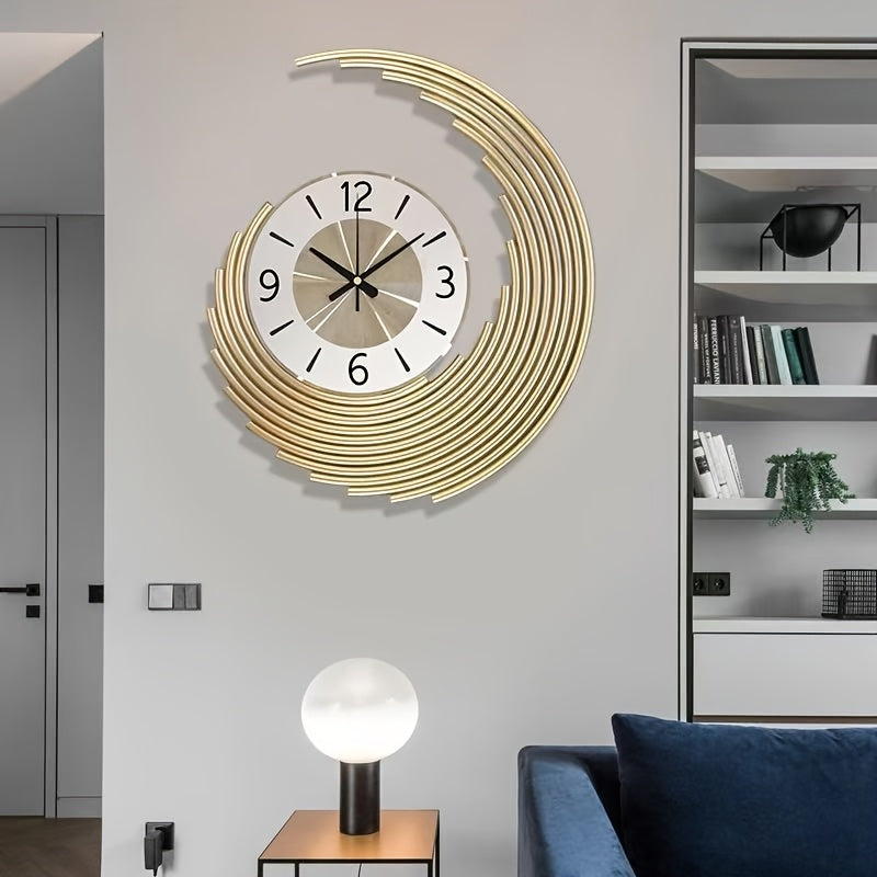 Reloj de pared decorativo silencioso de cuarzo metálico con medias lunas superpuestas
