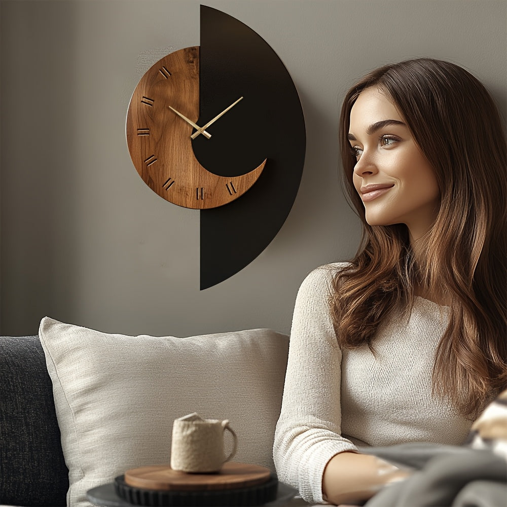 Reloj de pared silencioso de madera minimalista con forma de media luna