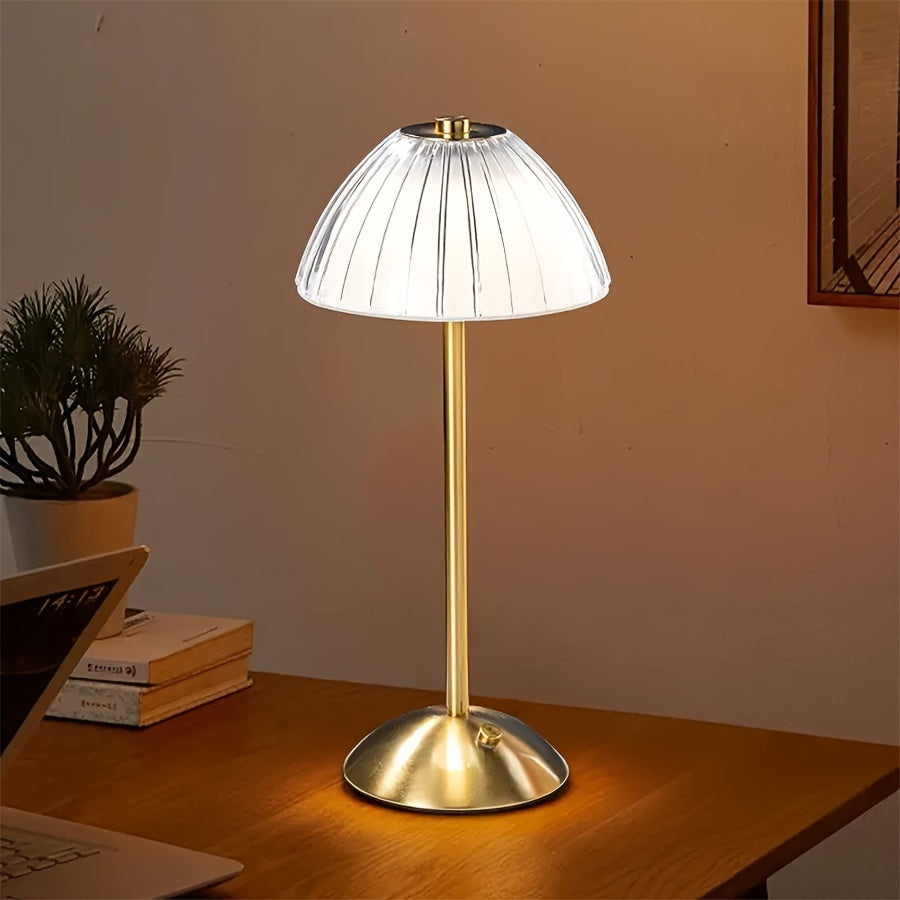 Lámpara de mesa con pantalla de cristal estriado, recargable, táctil y regulable